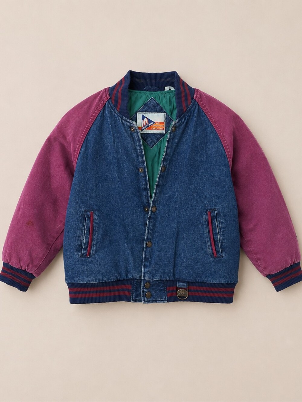 Mighty-Mac Vintage Denim Varsity Bomber Jacket Blue Retro Boy Medium 90s Puffer